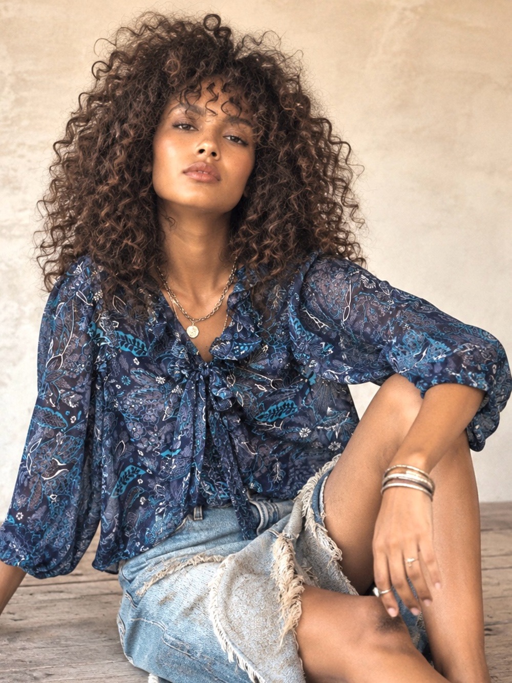 Anthropologie Haida Floral Peasant Blouse – Blue & Green Sheer Ruffle Top - MP